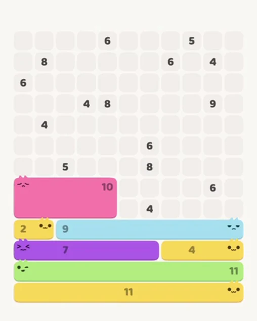 MeowBlock Level 80 after step 7, placing the 10-cell rectangular block at the middle-left area