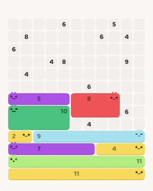 MeowBlock Level 80 after step 9, placing the 8-cell rectangular block at the middle-right area