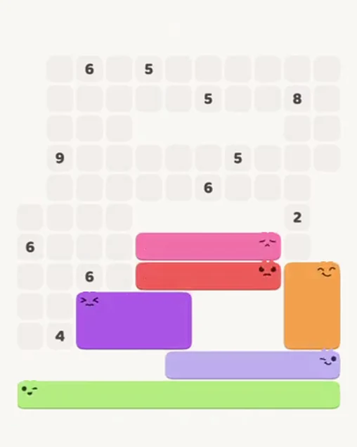 MeowBlock Level 81 after step 6, placing the 8-cell rectangular block at the lower center