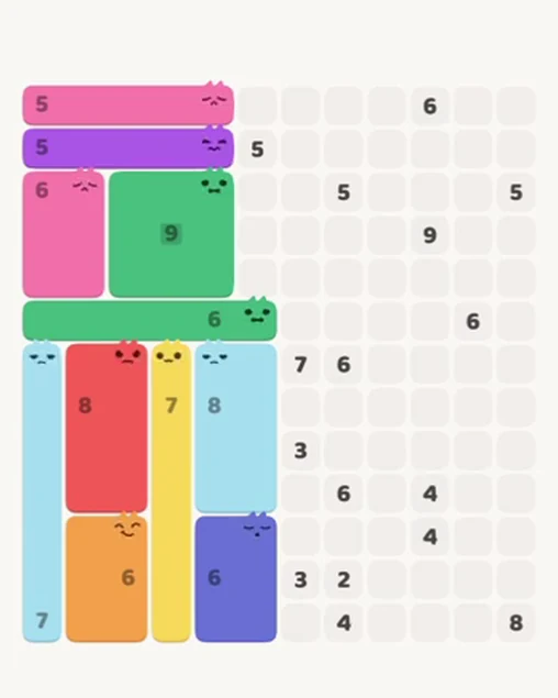 MeowBlock Level 82 after step 11, placing the 5-cell horizontal block at the upper-left area