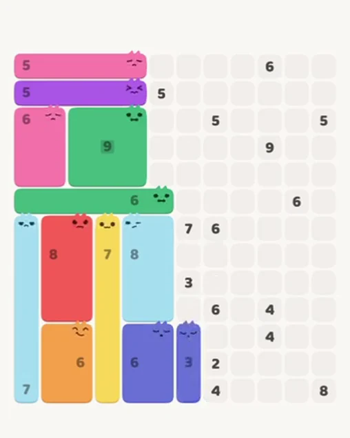 MeowBlock Level 82 after step 12, placing the 3-cell vertical block at the lower center