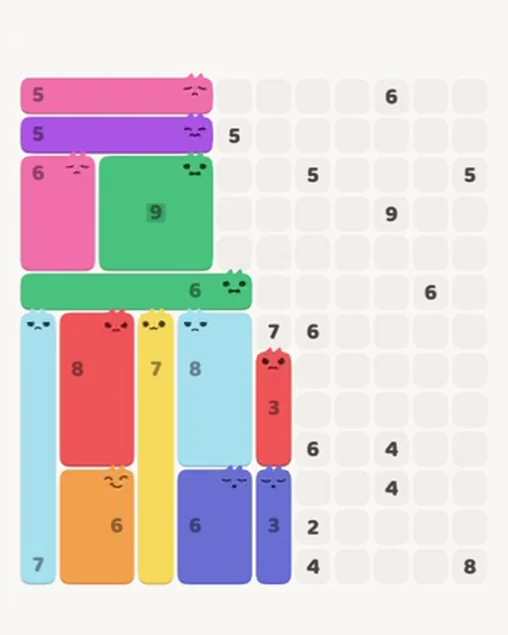 MeowBlock Level 82 after step 13, placing the 3-cell vertical block at the lower center