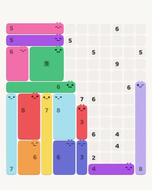 MeowBlock Level 82 after step 15, placing the 8-cell vertical block at the lower-right area