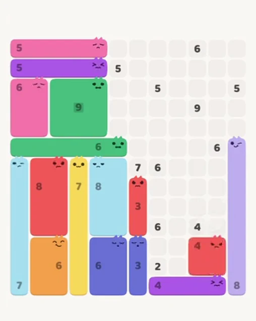 MeowBlock Level 82 after step 16, placing the 4-cell square block at the lower-right area
