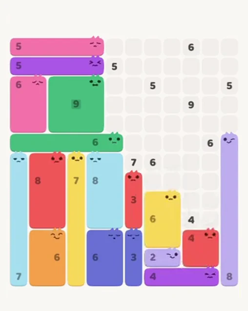 MeowBlock Level 82 after step 18, placing the 6-cell rectangular block at the lower-right area