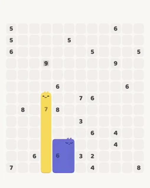 MeowBlock Level 82 after step 2, placing the 6-cell rectangular block at the lower center