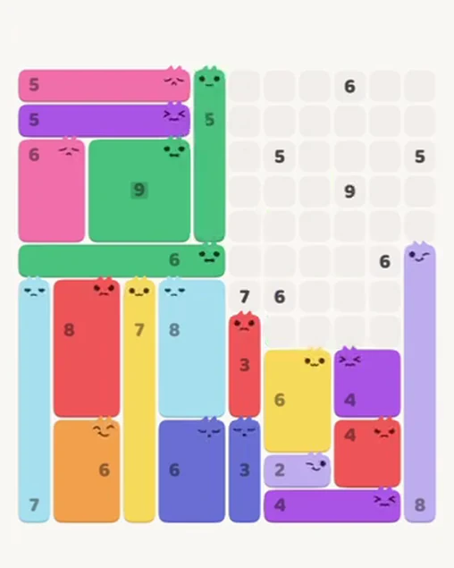 MeowBlock Level 82 after step 20, placing the 5-cell vertical block at the upper center
