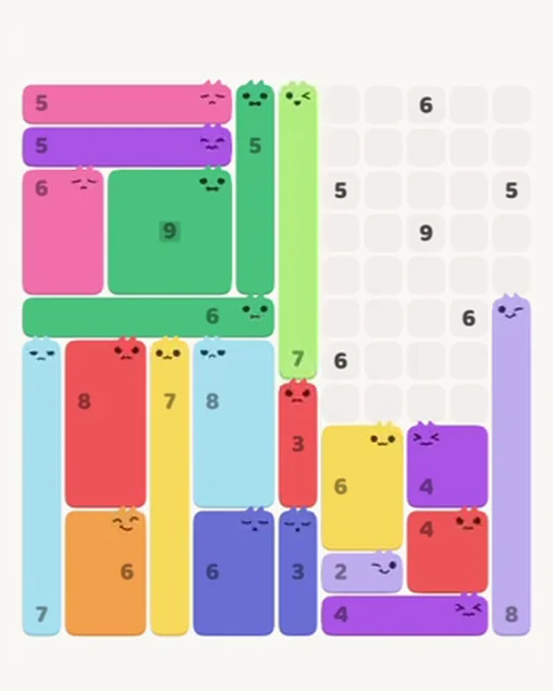 MeowBlock Level 82 after step 21, placing the 7-cell vertical block at the upper center