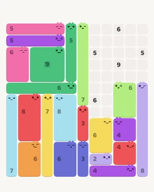 MeowBlock Level 82 after step 22, placing the 6-cell rectangular block at the middle-right area