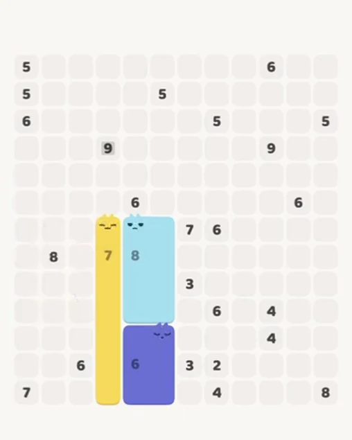 MeowBlock Level 82 after step 3, placing the 8-cell rectangular block at the middle center