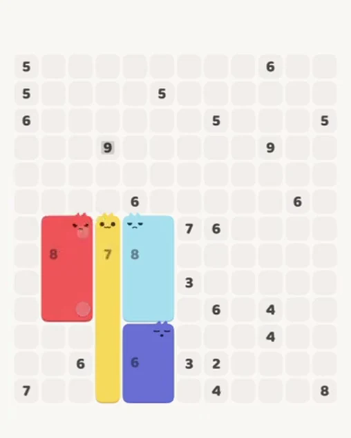 MeowBlock Level 82 after step 4, placing the 8-cell rectangular block at the middle-left area