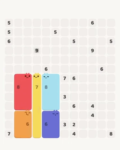 MeowBlock Level 82 after step 5, placing the 6-cell rectangular block at the lower-left area