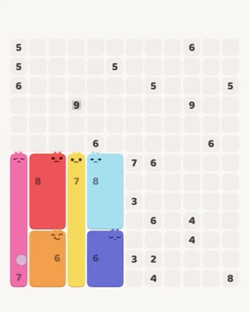 MeowBlock Level 82 after step 6, placing the 7-cell vertical block at the lower-left area