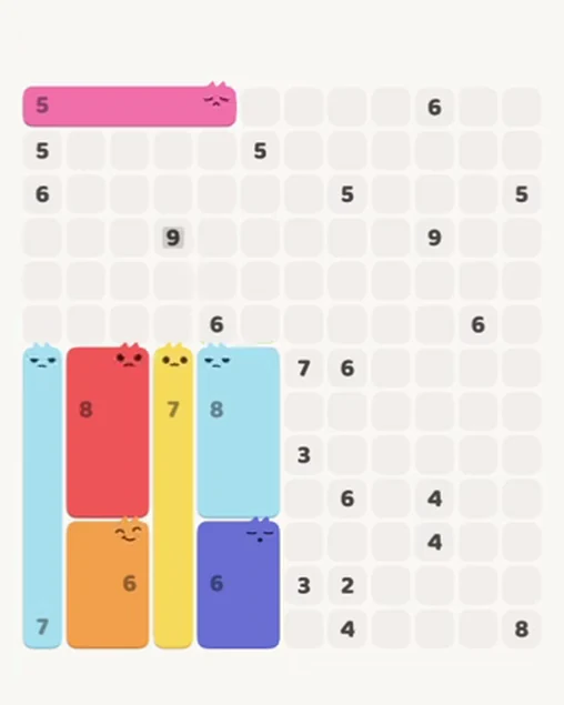 MeowBlock Level 82 after step 7, placing the 5-cell horizontal block at the upper-left area
