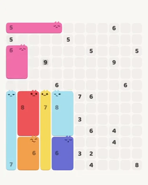 MeowBlock Level 82 after step 8, placing the 6-cell rectangular block at the upper-left area