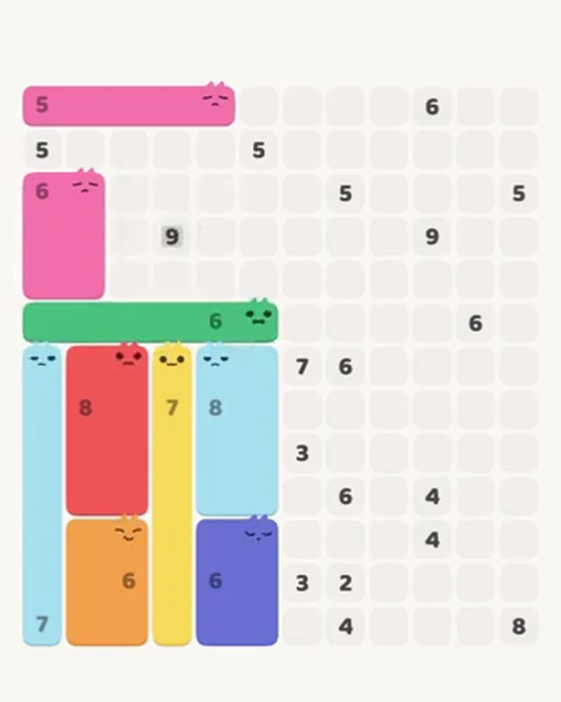 MeowBlock Level 82 after step 9, placing the 6-cell horizontal block at the middle-left area