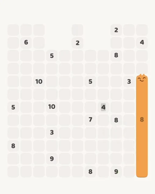 MeowBlock Level 83 after step 1, placing the 8-cell vertical block at the lower-right area