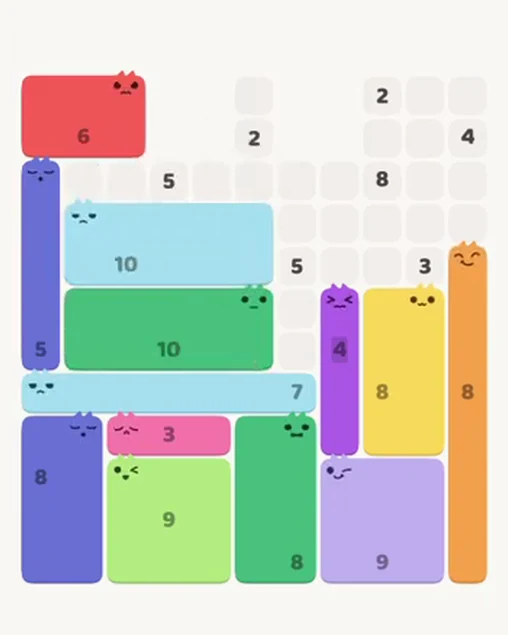 MeowBlock Level 83 after step 13, placing the 10-cell rectangular block at the middle center