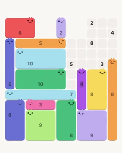 MeowBlock Level 83 after step 15, placing the 2-cell vertical block at the upper center