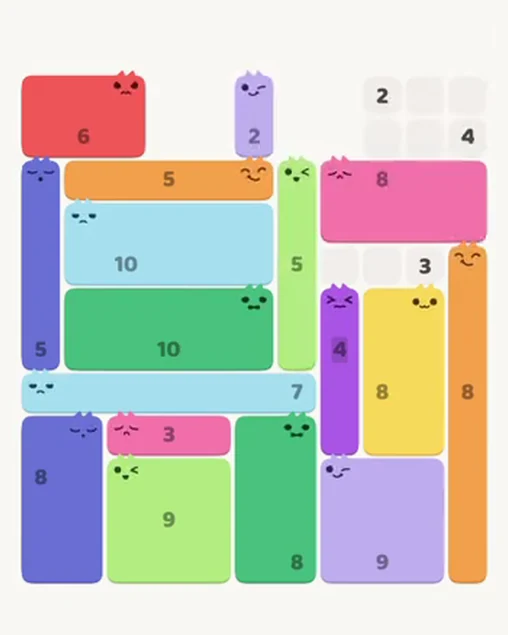 MeowBlock Level 83 after step 17, placing the 8-cell rectangular block at the upper-right area