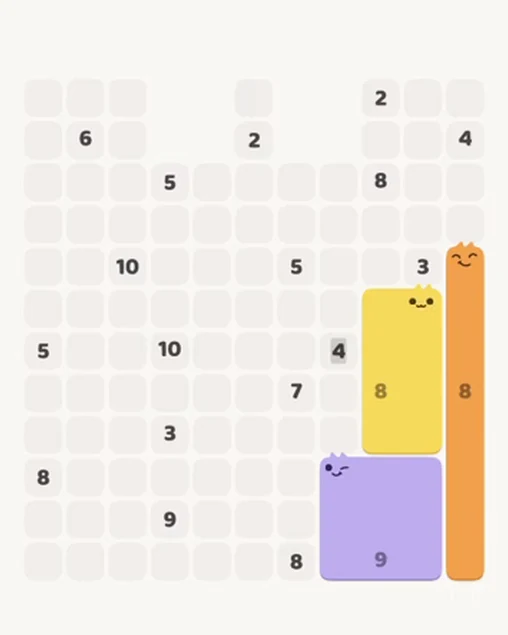 MeowBlock Level 83 after step 3, placing the 8-cell rectangular block at the middle-right area