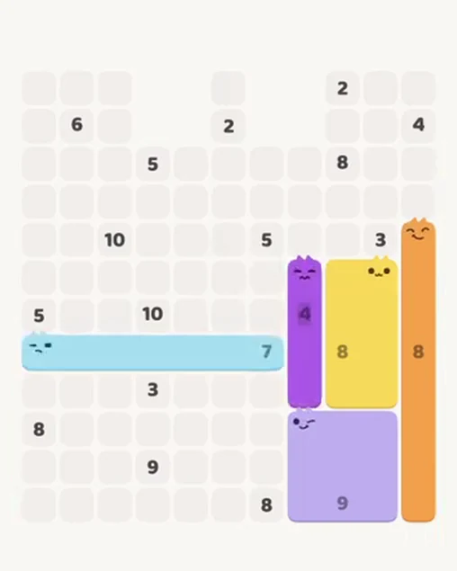 MeowBlock Level 83 after step 5, placing the 7-cell horizontal block at the lower center