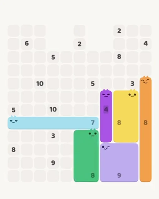 MeowBlock Level 83 after step 6, placing the 8-cell rectangular block at the lower center
