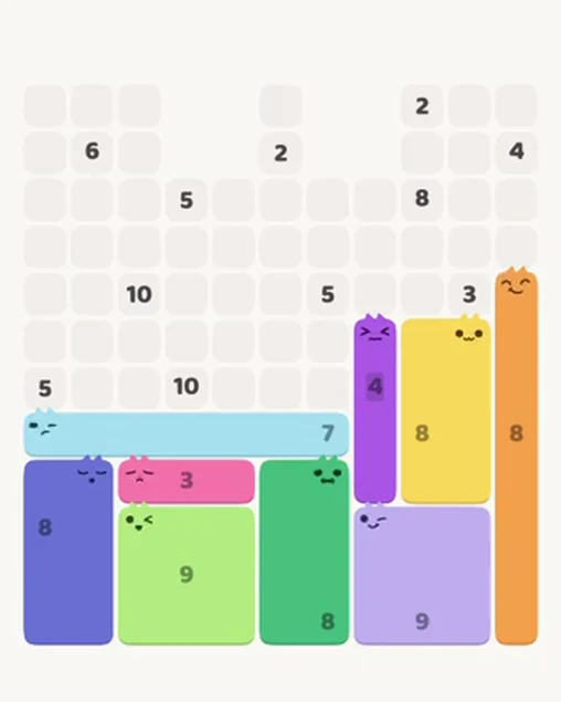 MeowBlock Level 83 after step 9, placing the 8-cell rectangular block at the lower-left area