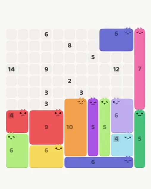 MeowBlock Level 84 after step 13, placing the 6-cell rectangular block at the upper-right area