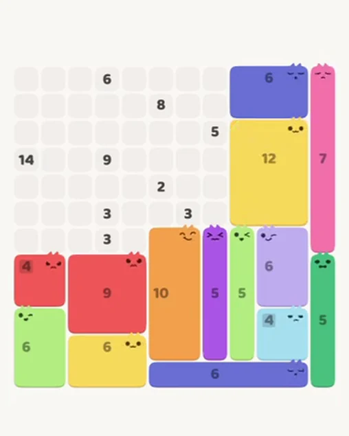 MeowBlock Level 84 after step 14, placing the 12-cell rectangular block at the middle-right area