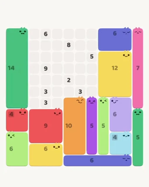 MeowBlock Level 84 after step 15, placing the 14-cell rectangular block at the upper-left area