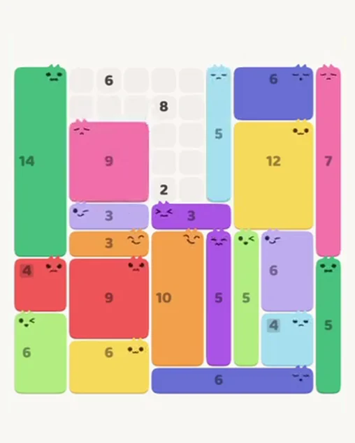 MeowBlock Level 84 after step 20, placing the 5-cell vertical block at the upper-right area