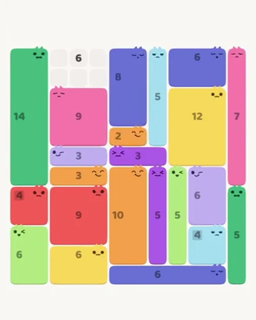 MeowBlock Level 84 after step 22, placing the 8-cell rectangular block at the upper center