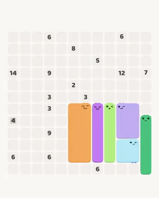 MeowBlock Level 84 after step 6, placing the 10-cell rectangular block at the lower center
