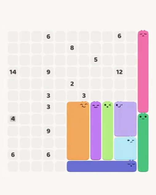 MeowBlock Level 84 after step 8, placing the 7-cell vertical block at the upper-right area