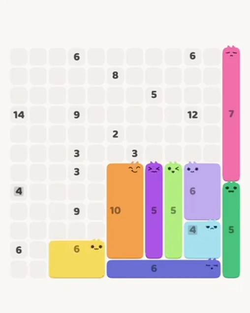 MeowBlock Level 84 after step 9, placing the 6-cell rectangular block at the lower-left area