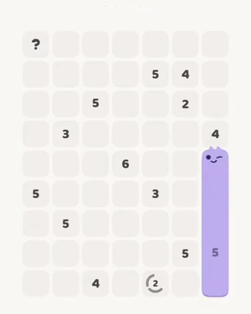 MeowBlock Level 85 after step 1, placing the 5-cell vertical block at the lower-right area