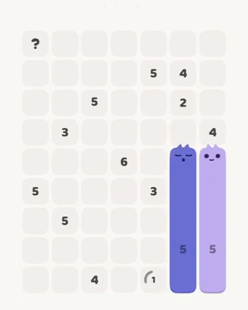MeowBlock Level 85 after step 2, placing the 5-cell vertical block at the lower-right area
