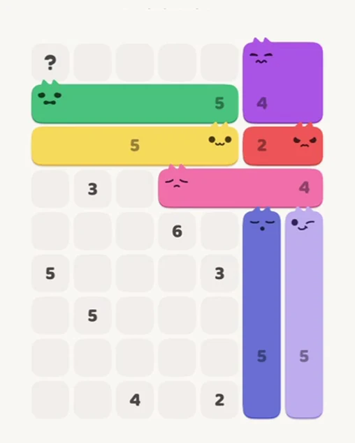 MeowBlock Level 85 after step 7, placing the 5-cell horizontal block at the upper center