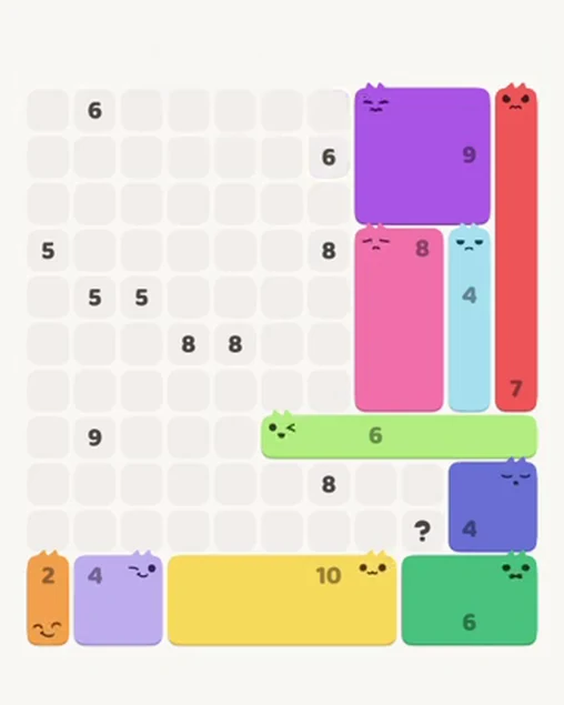 MeowBlock Level 86 after step 10, placing the 7-cell vertical block at the upper-right area