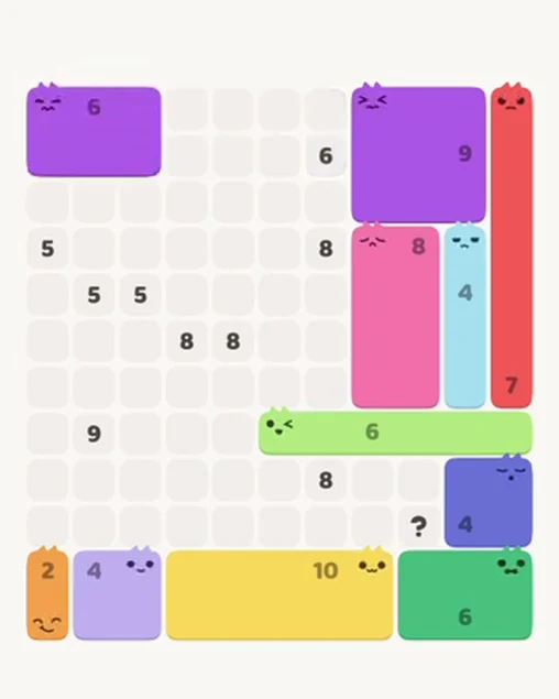 MeowBlock Level 86 after step 11, placing the 6-cell rectangular block at the upper-left area
