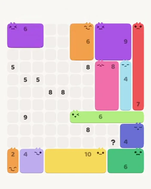MeowBlock Level 86 after step 12, placing the 6-cell rectangular block at the upper center