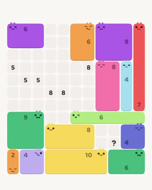 MeowBlock Level 86 after step 14, placing the 8-cell rectangular block at the lower center