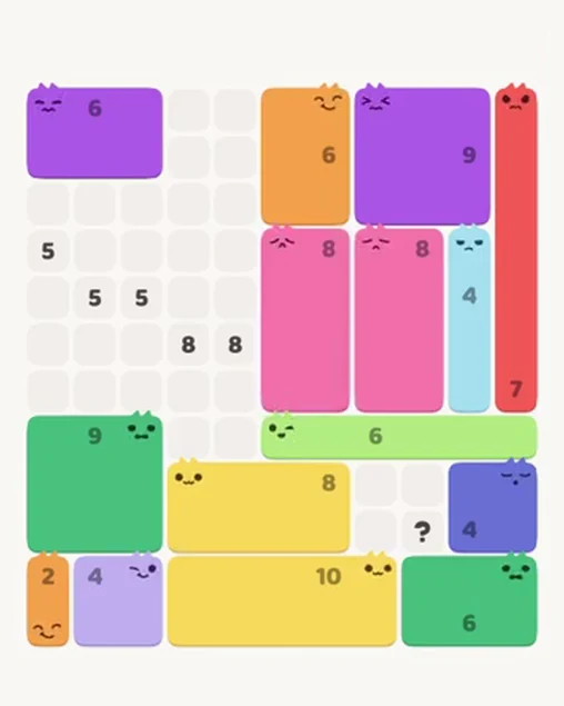 MeowBlock Level 86 after step 15, placing the 8-cell rectangular block at the middle center