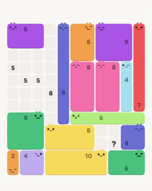 MeowBlock Level 86 after step 16, placing the 8-cell vertical block at the middle center