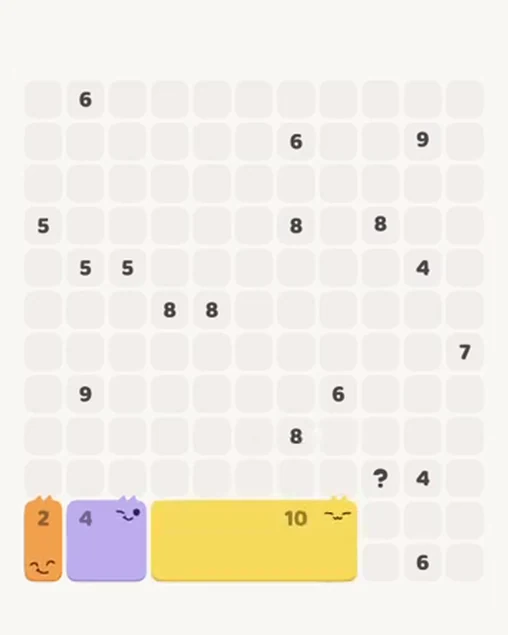 MeowBlock Level 86 after step 3, placing the 10-cell rectangular block at the lower center