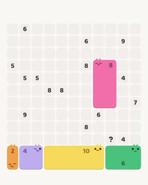 MeowBlock Level 86 after step 5, placing the 8-cell rectangular block at the middle-right area