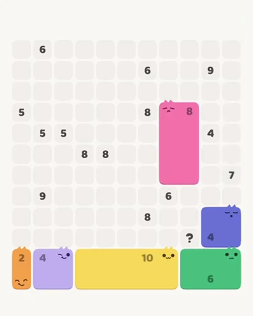MeowBlock Level 86 after step 6, placing the 4-cell square block at the lower-right area
