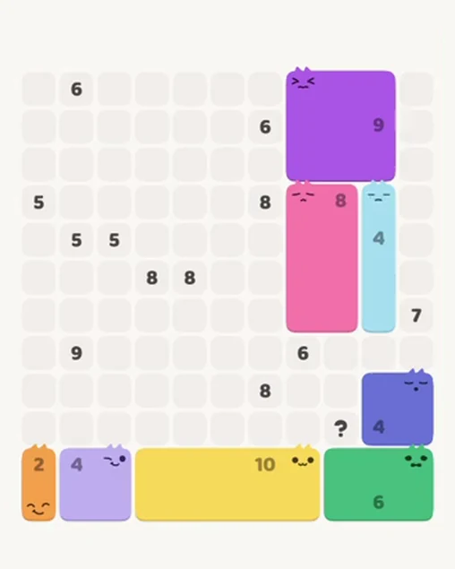 MeowBlock Level 86 after step 8, placing the 4-cell vertical block at the middle-right area