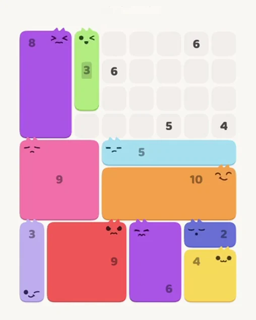 MeowBlock Level 87 after step 10, placing the 3-cell vertical block at the upper center
